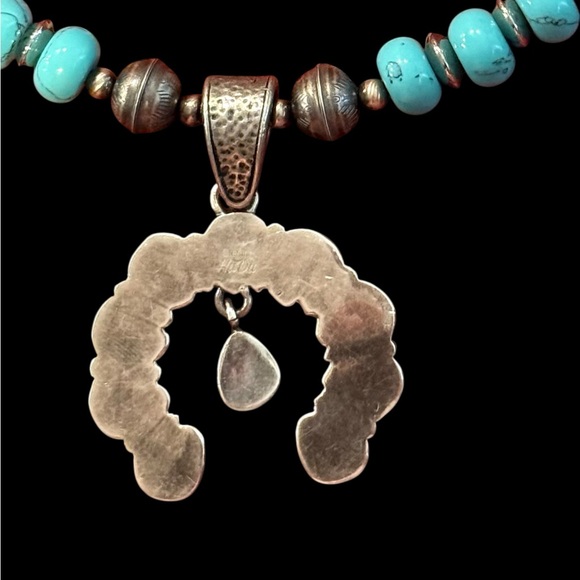 Vintage Sterling Silver Navajo Pearls Turquoise Squash Blossom Necklace - Picture 8 of 15